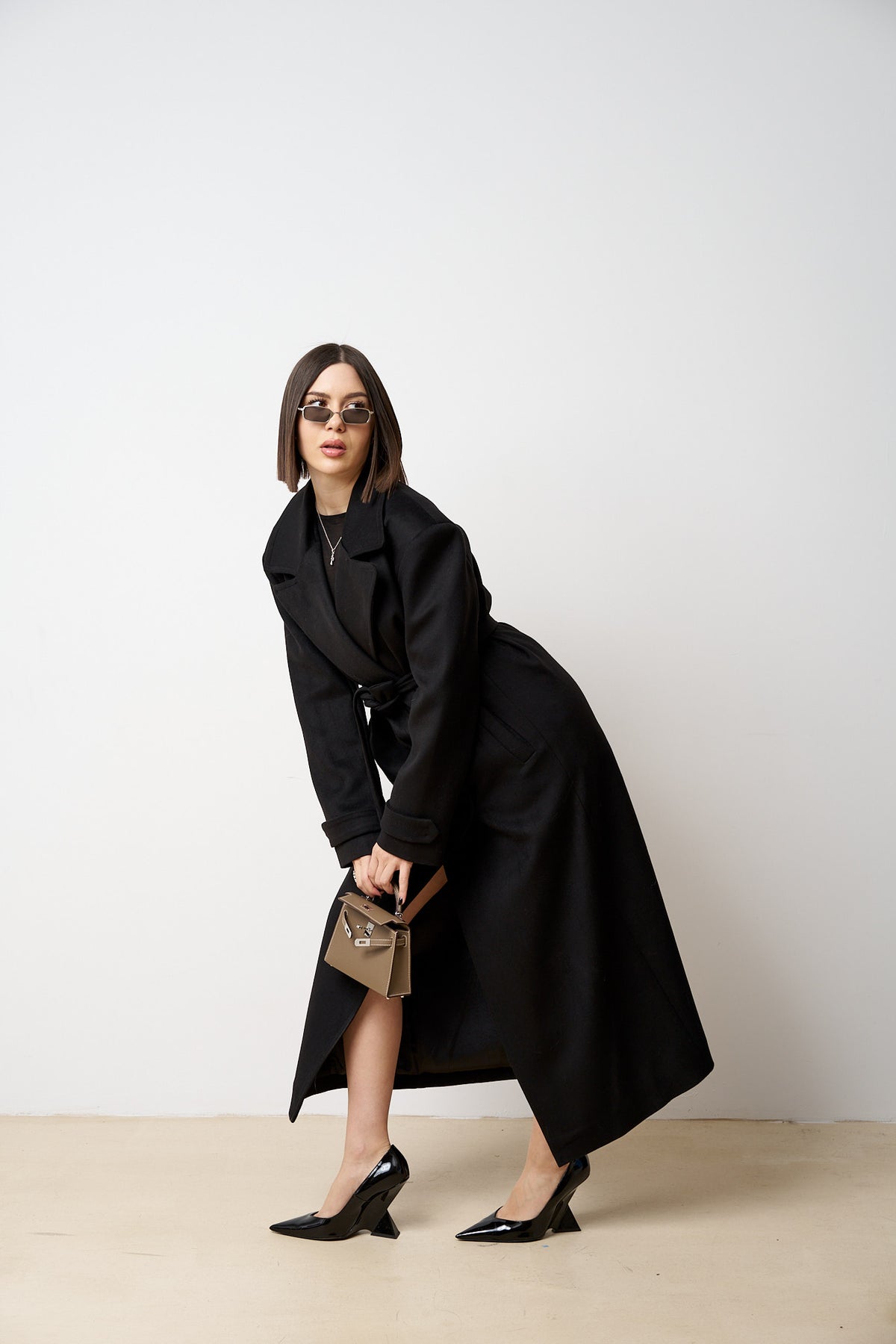 Manteau Long En Laine Avec Cordon De Serrage, Femme, Noir Mat 522