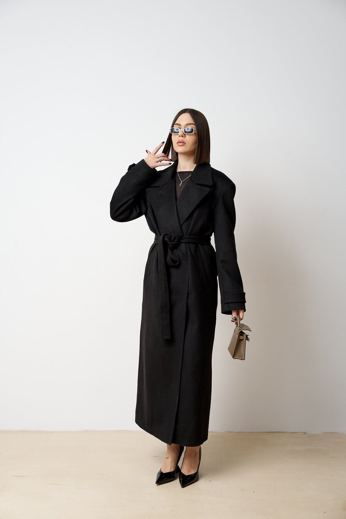 Manteau Long En Laine Avec Cordon De Serrage, Femme, Noir Mat 522