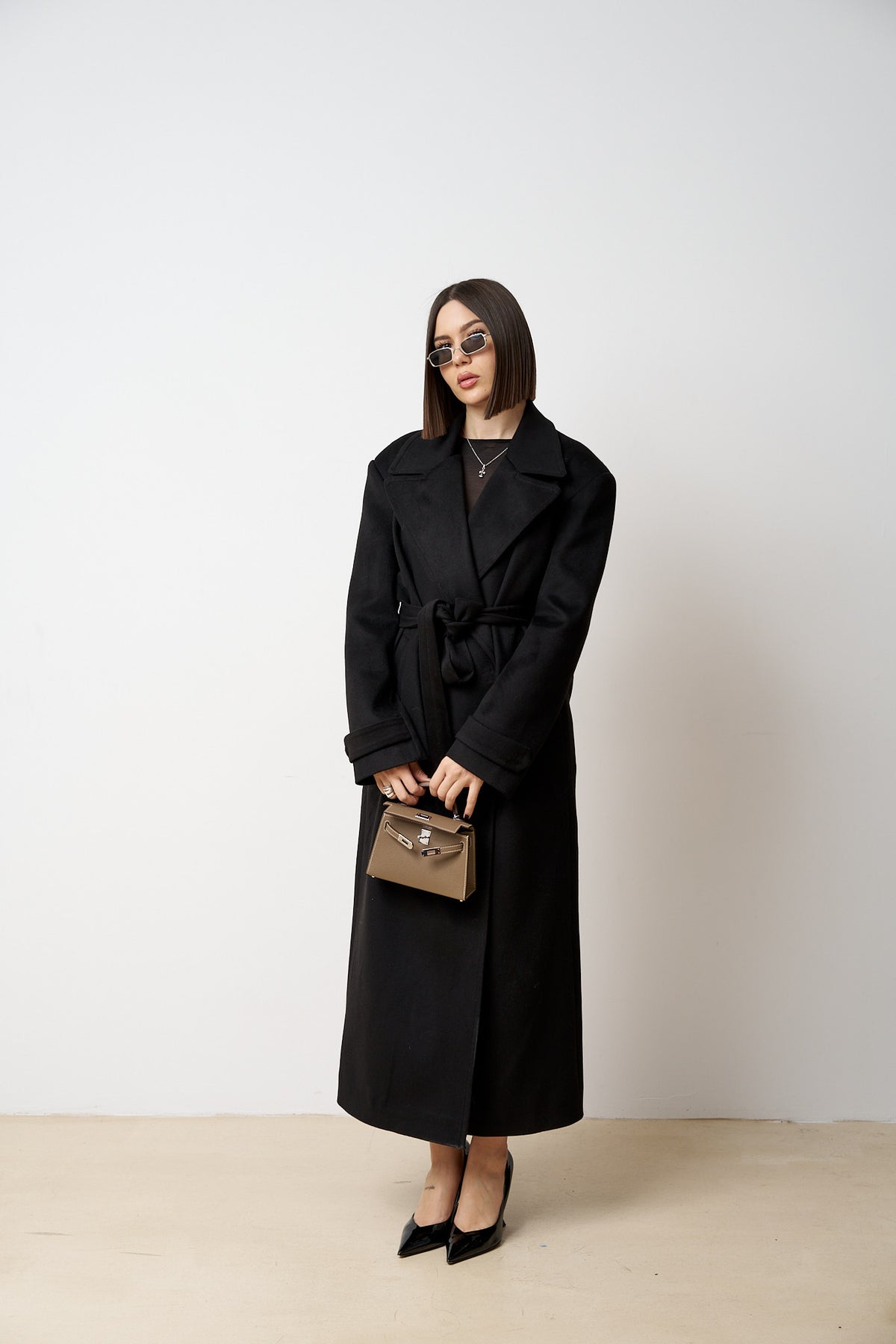 Manteau Long En Laine Avec Cordon De Serrage, Femme, Noir Mat 522