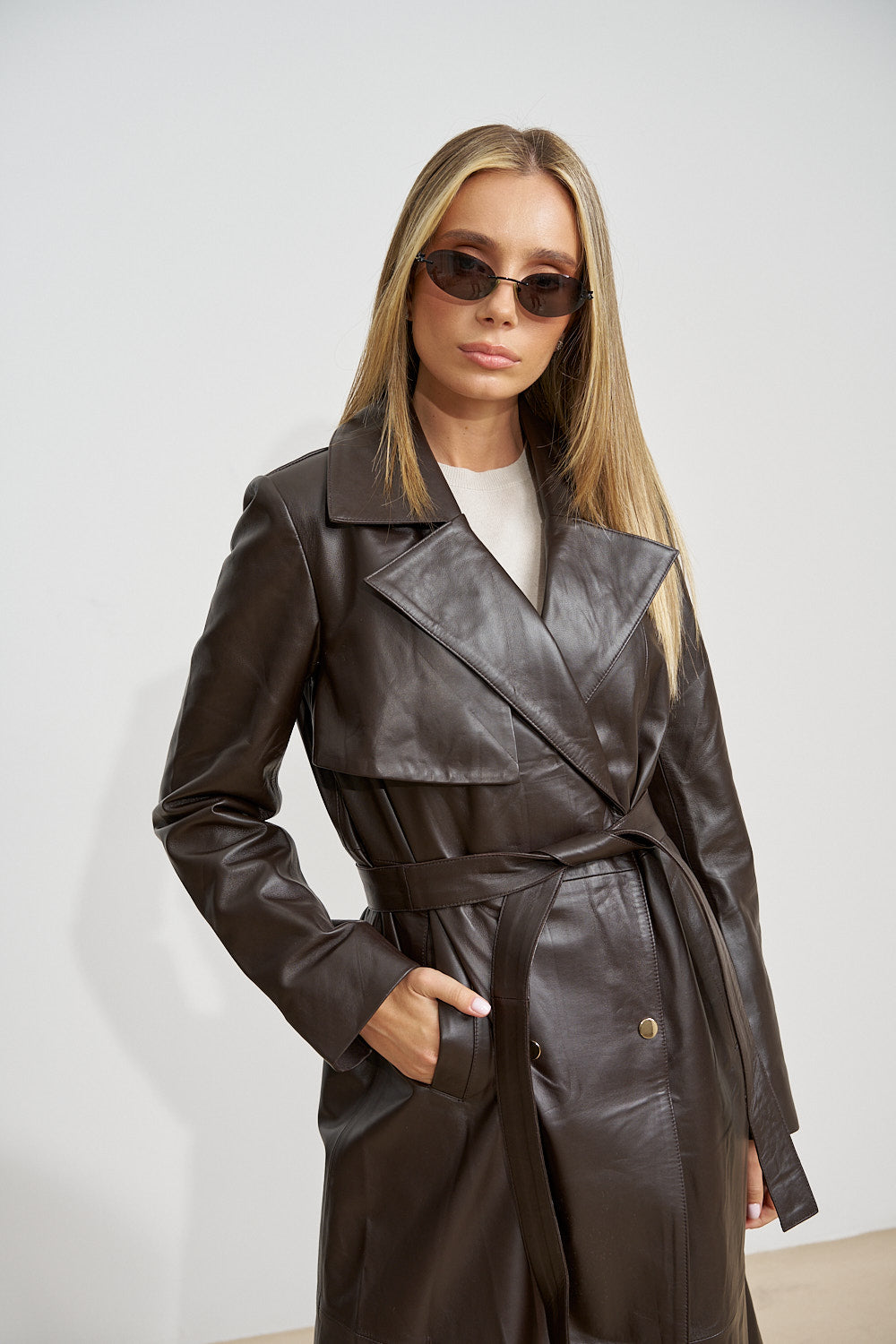 Trench Lung din Piele Naturală, cu Cordon, Chocolate 667