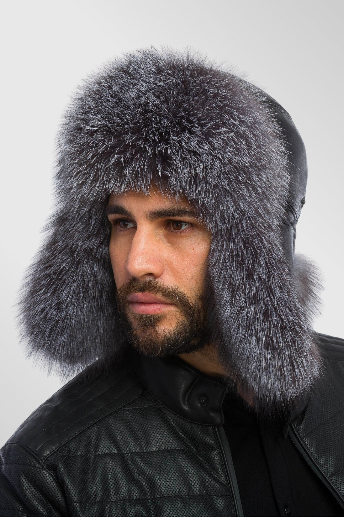 Căciulă din Blană Naturală de Vulpe și Piele, Bărbați, Silver Grey 28