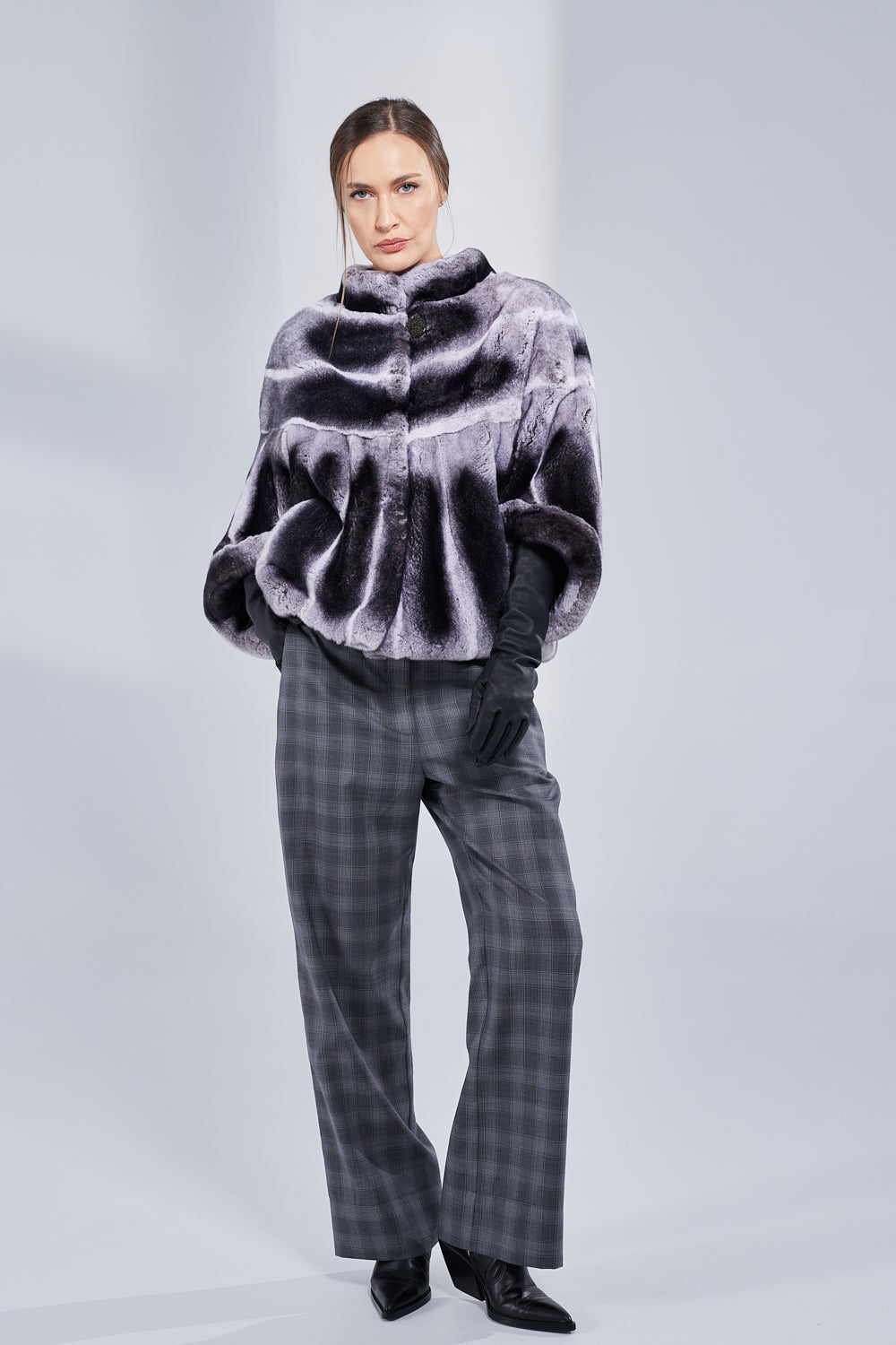 Cape en fourrure naturelle de lapin Rex Chinchilla, Femmes, Gris foncé 52