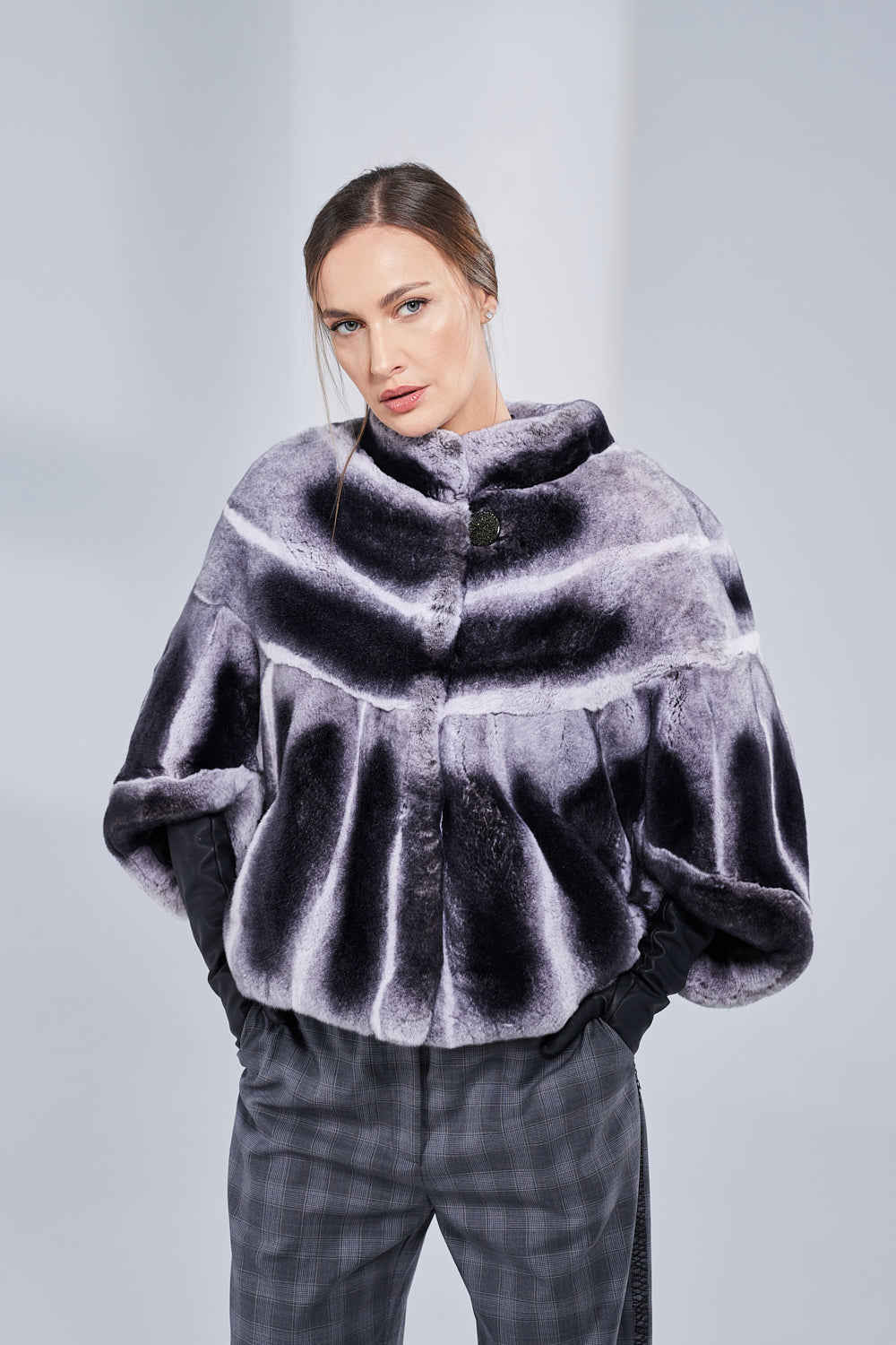 Cape en fourrure naturelle de lapin Rex Chinchilla, Femmes, Gris foncé 52