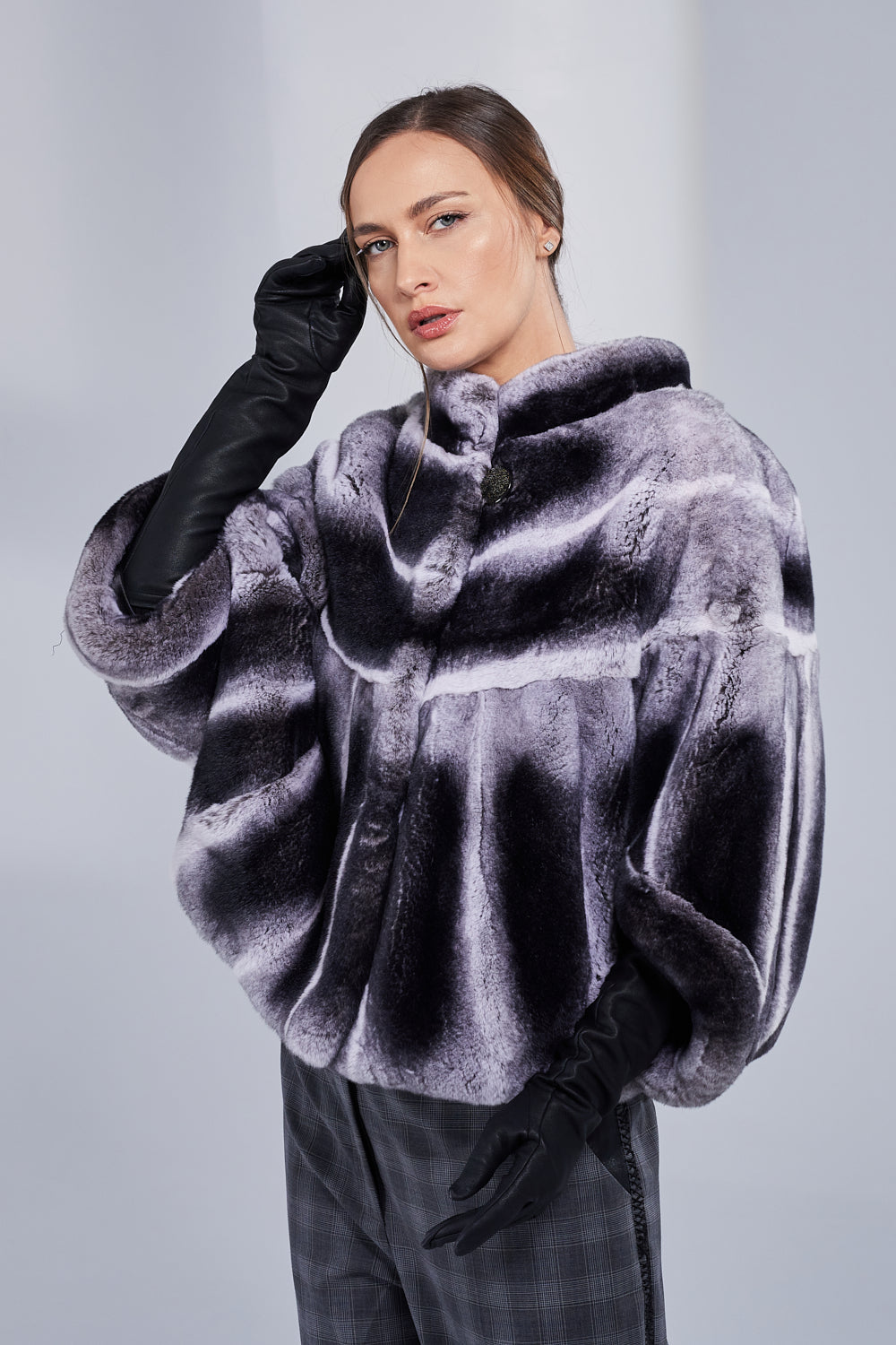 Cape en fourrure naturelle de lapin Rex Chinchilla, Femmes, Gris foncé 52