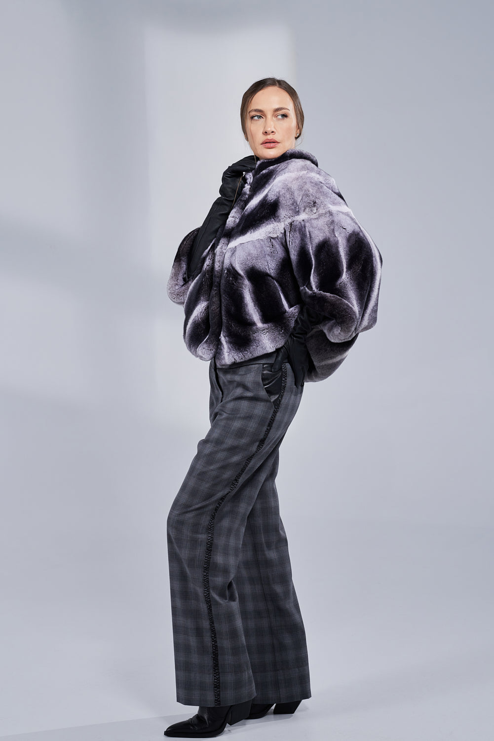 Cape en fourrure naturelle de lapin Rex Chinchilla, Femmes, Gris foncé 52