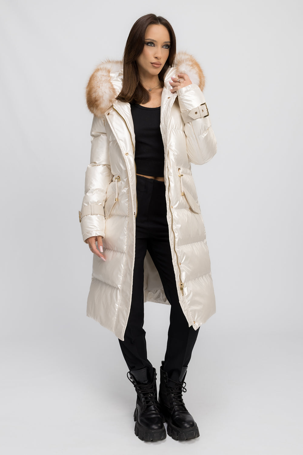 Geacă Parka cu Glugă Detașabilă, Accesorii din Blană Naturală de Vulpe și Piele Naturală, Femei, Ivory Frost 455