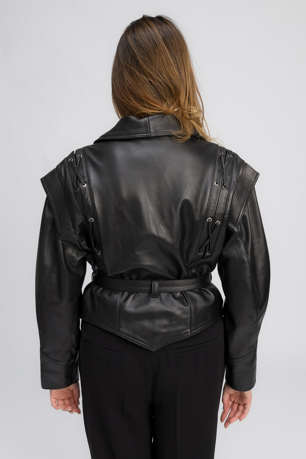 Veste en cuir véritable avec col à revers et ceinture, femme, Noir Élite 445