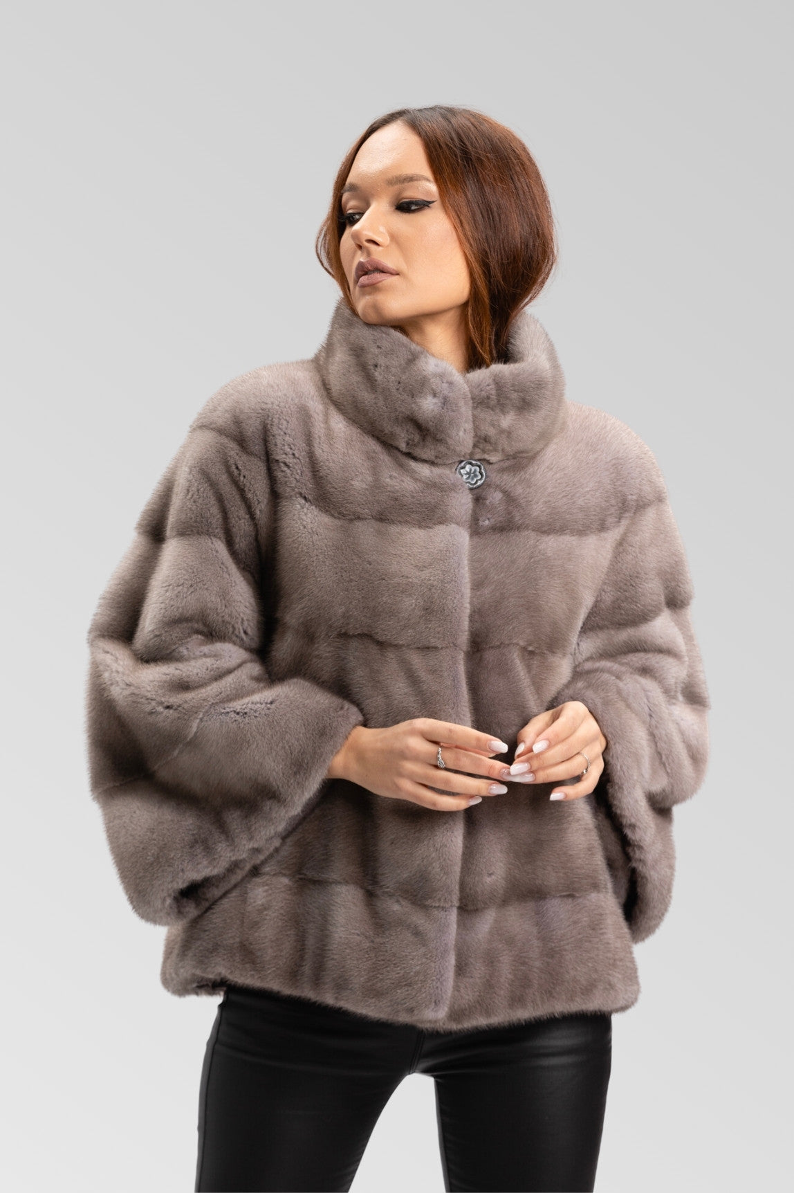 Cappotto in pelliccia naturale di visone, manica a campana, oversize, donna, Silver Blue 230