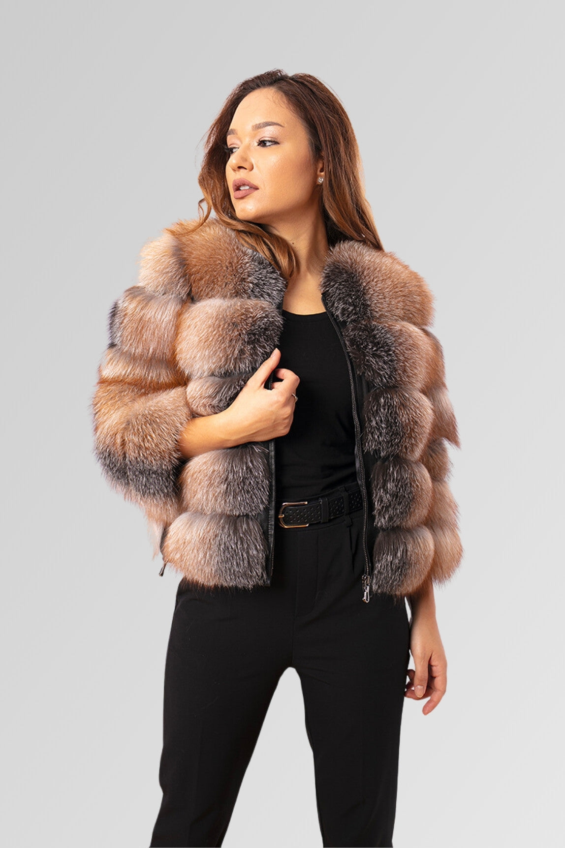 Haină din Blană Naturală de Vulpe, Transformabilă, Femei, Brown Frost 259