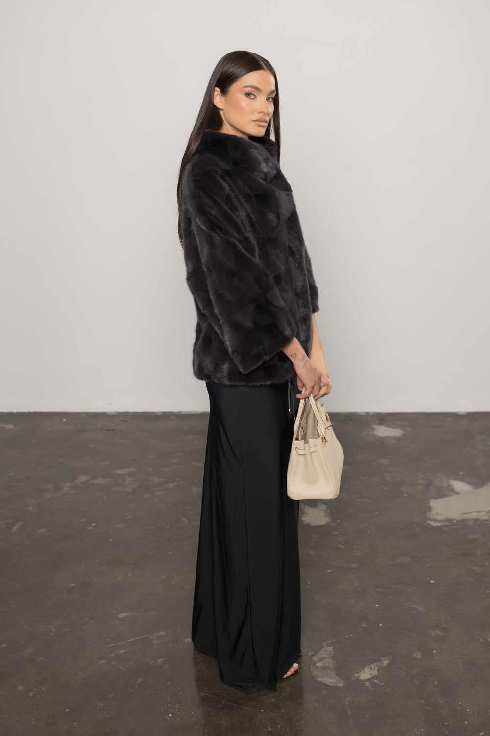 Natural Mink Fur Coat, 3/4 Sleeves, Women, Blue Eclipse 399