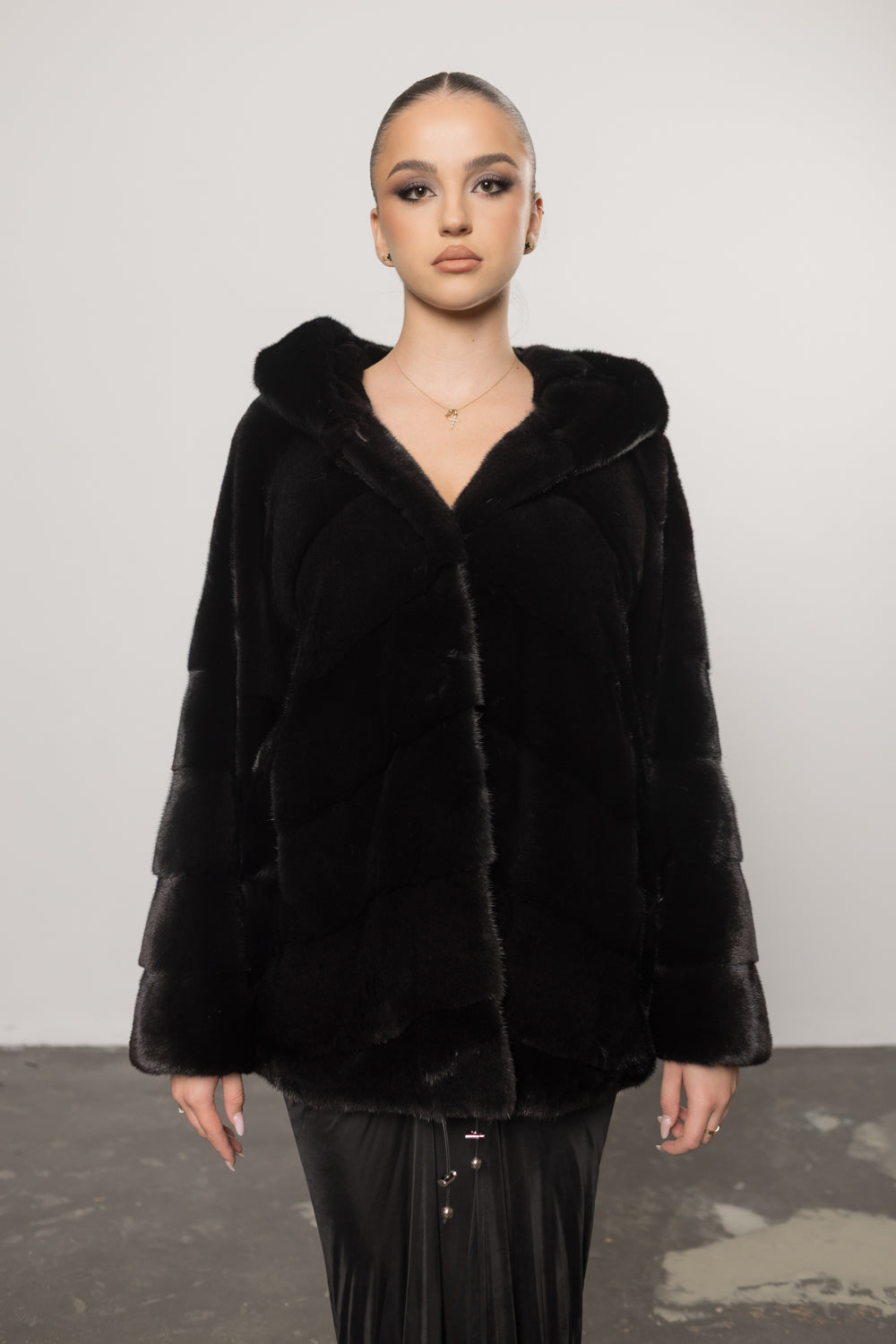 Women's Natural Mink Fur Coat with Hood, Diamond Black 416