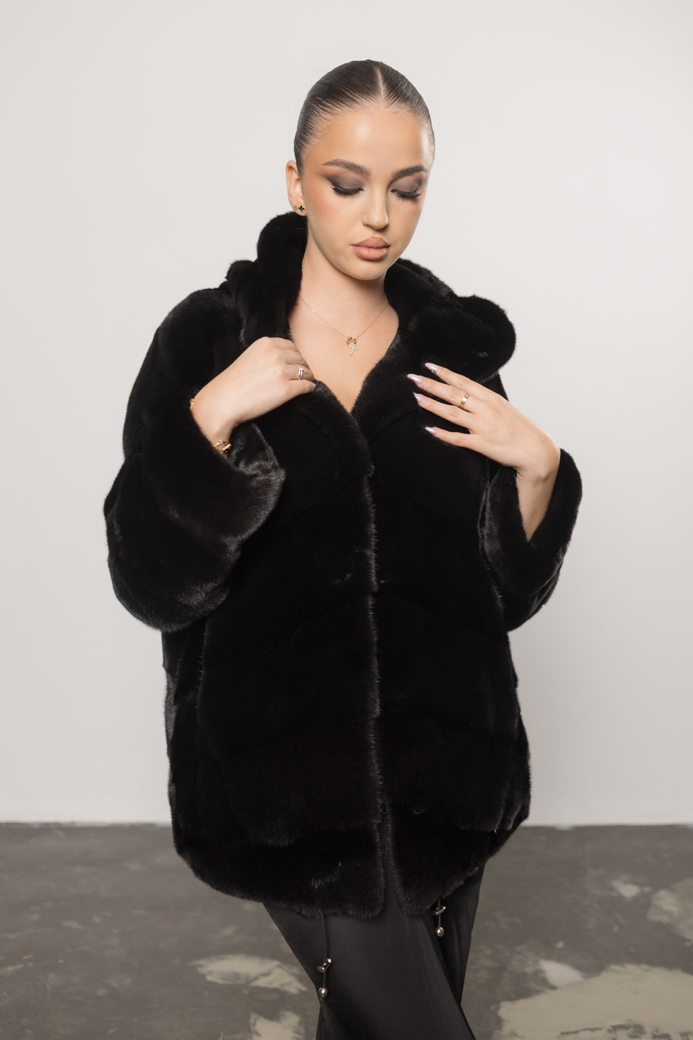 Women's Natural Mink Fur Coat with Hood, Diamond Black 416