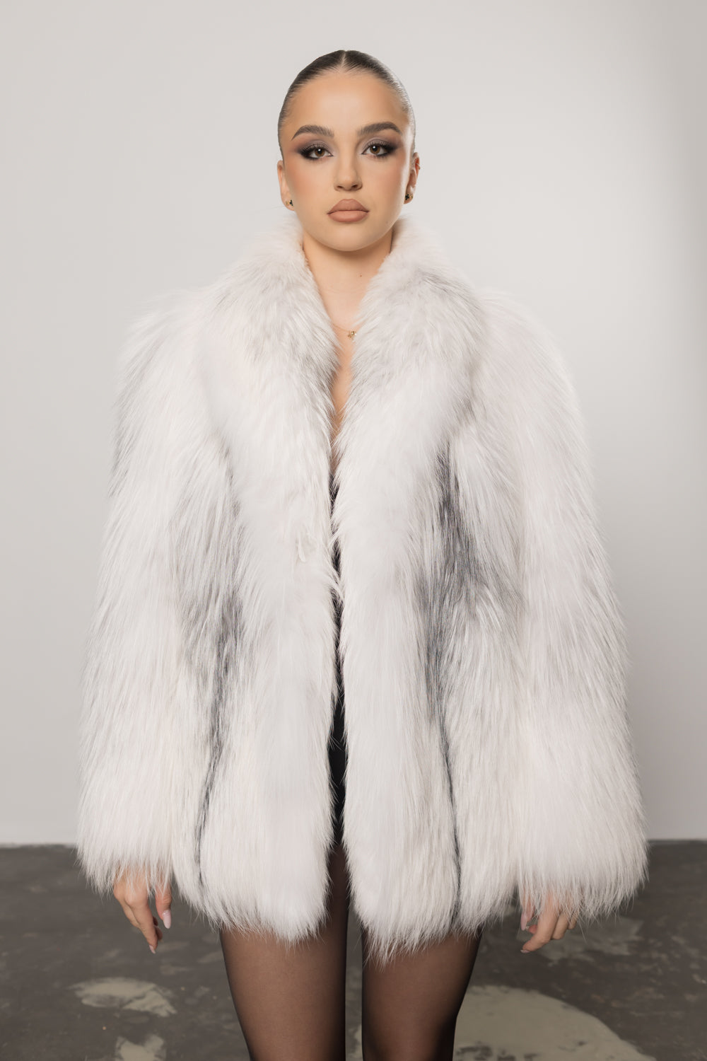Haină din Blană Naturală de Vulpe Argintie, cu Guler Rever Șal, Femei, Arctic Silver 437