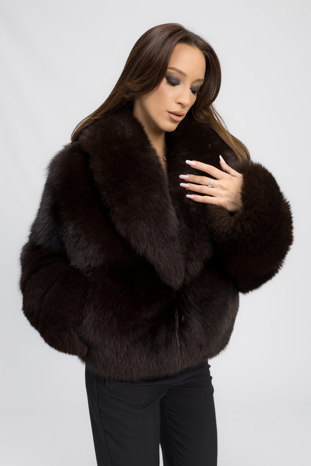 Women's Natural Polar Fox Fur Coat with Lapel Collar, Dark Cocoa 466
