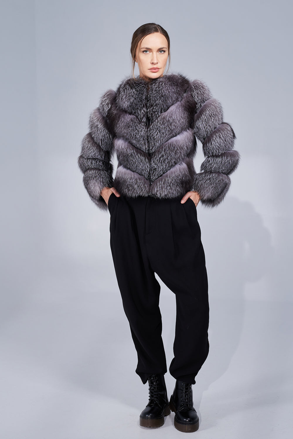 Haină din Blană Naturală de Vulpe Argintie, V Model, Transformabilă, Femei, Grey Frost 242