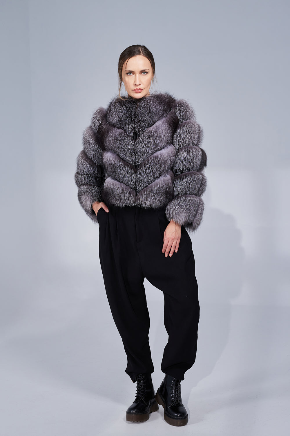 Haină din Blană Naturală de Vulpe Argintie, V Model, Transformabilă, Femei, Grey Frost 242