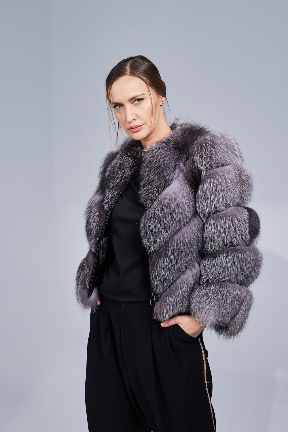 Haină din Blană Naturală de Vulpe Argintie, V Model, Transformabilă, Femei, Grey Frost 242