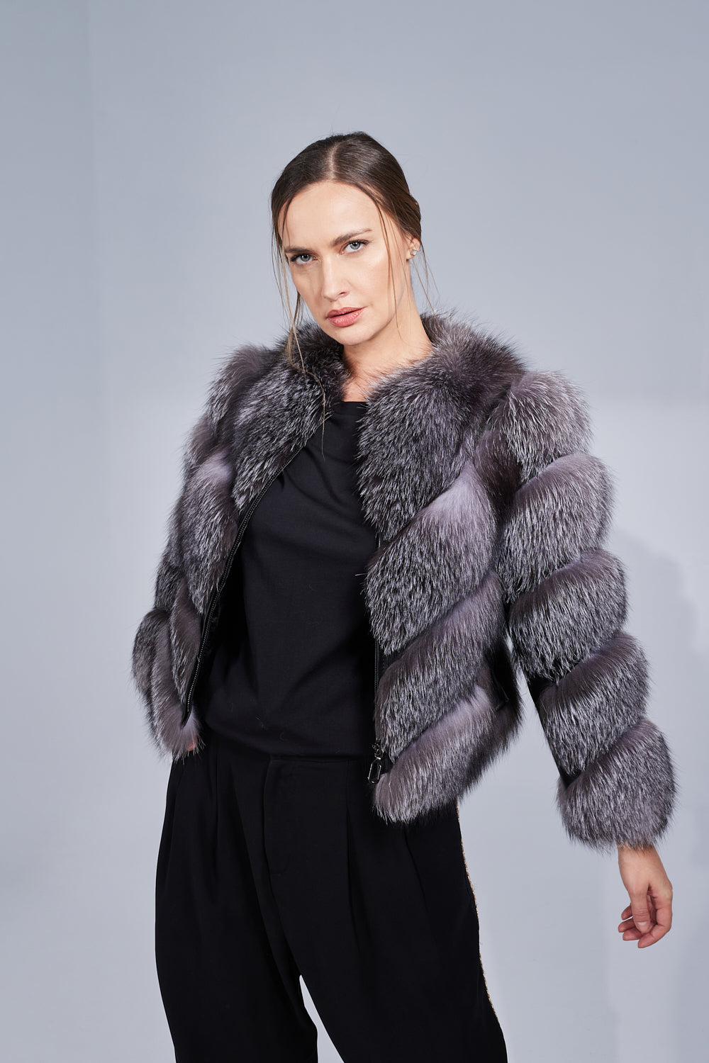 Haină din Blană Naturală de Vulpe Argintie, V Model, Transformabilă, Femei, Grey Frost 242
