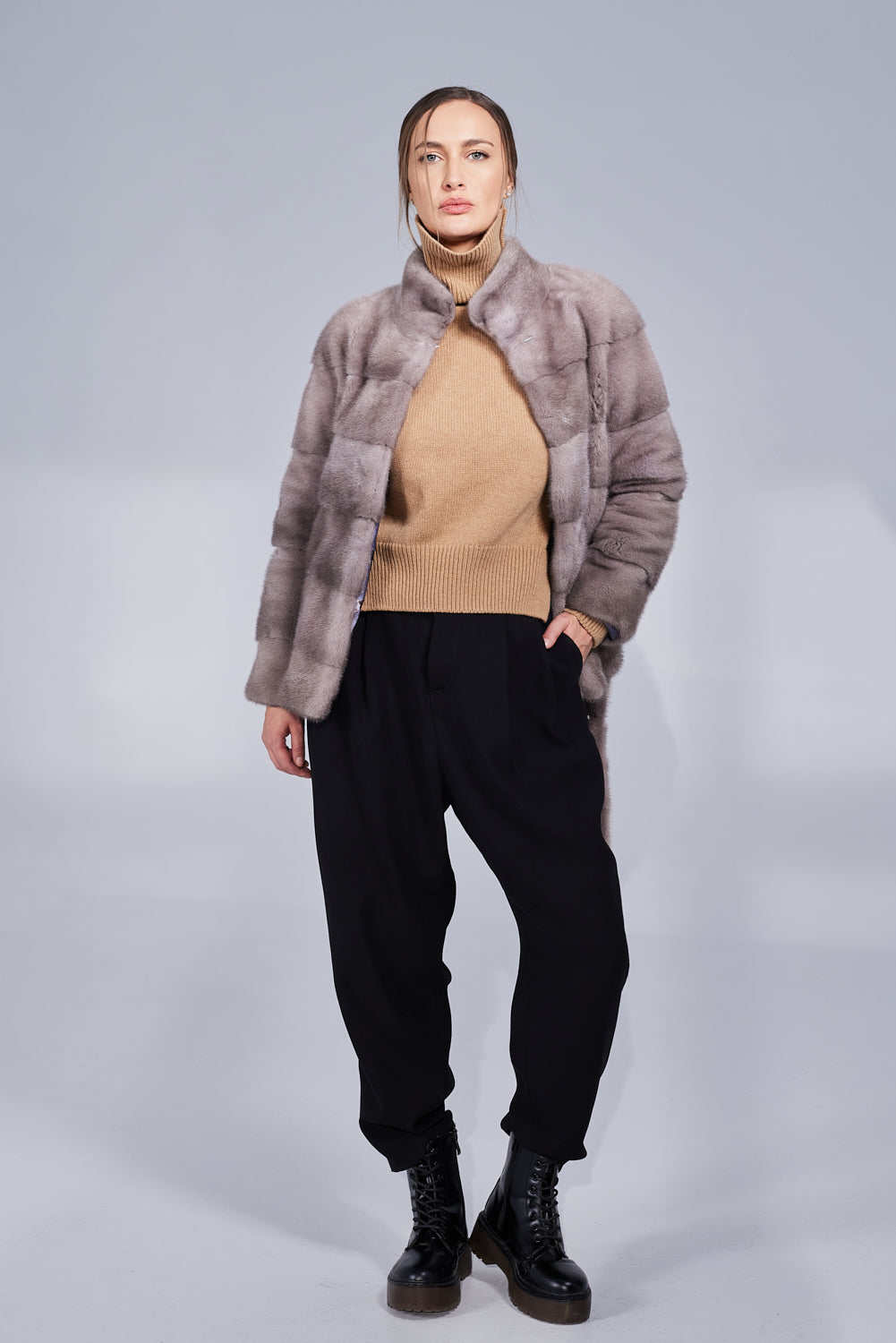 Manteau en fourrure naturelle de vison, avec ceinture, femmes, Silver Blue 194