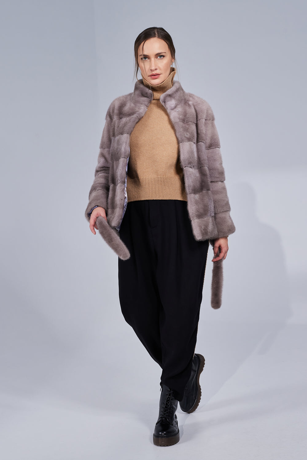 Manteau en fourrure naturelle de vison, avec ceinture, femmes, Silver Blue 194