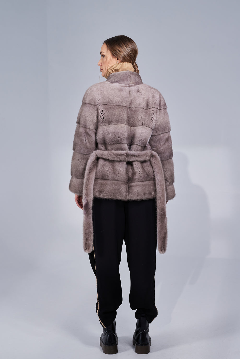 Manteau en fourrure naturelle de vison, avec ceinture, femmes, Silver Blue 194