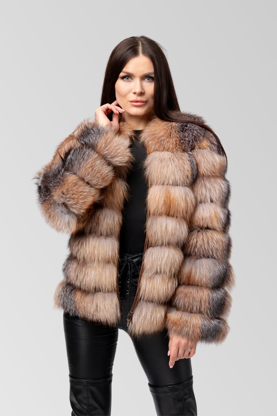 6-in-1-Umwandelbarer Pelzmantel aus natürlichem Silberfuchs für Damen, Brown Frost 241