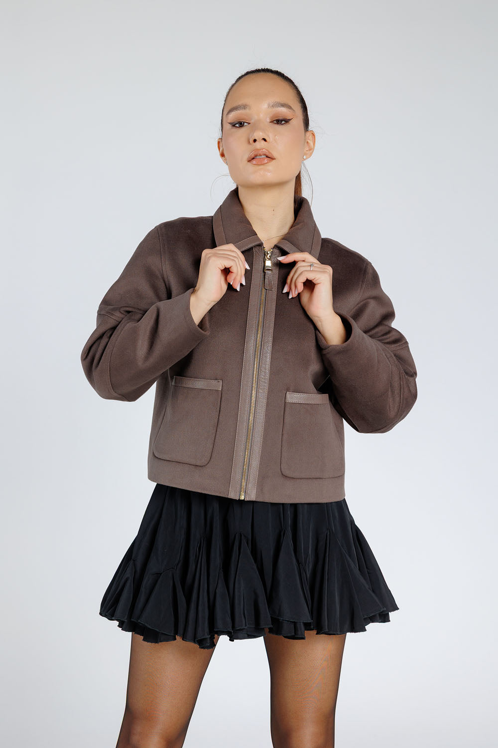Kaschmirjacke mit Echtleder-Accessoires, Reverskragen, Damen, Bronze 369