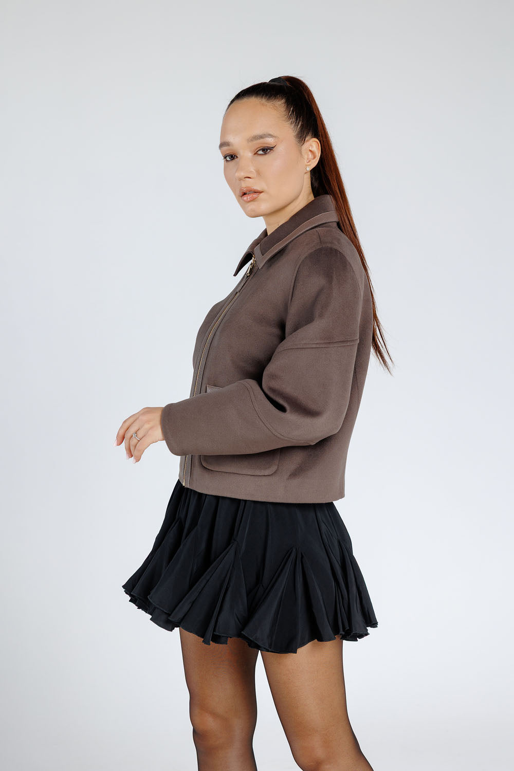 Kaschmirjacke mit Echtleder-Accessoires, Reverskragen, Damen, Bronze 369
