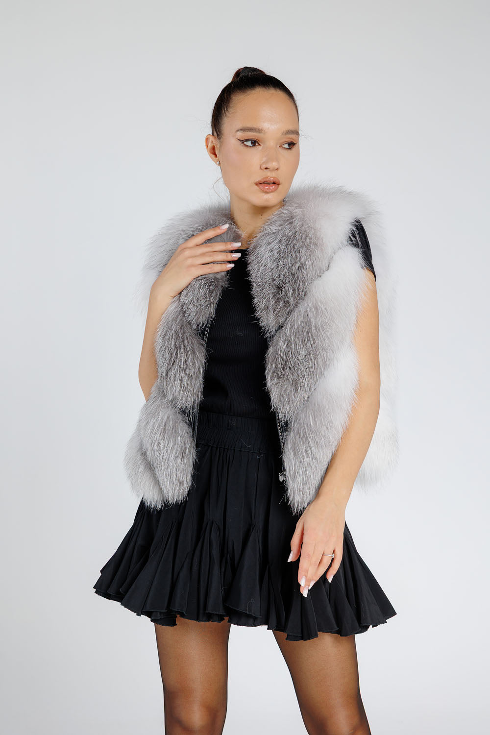 Natural Silver Fox Fur Coat, V Model, Convertible, Women, Arctic White 376