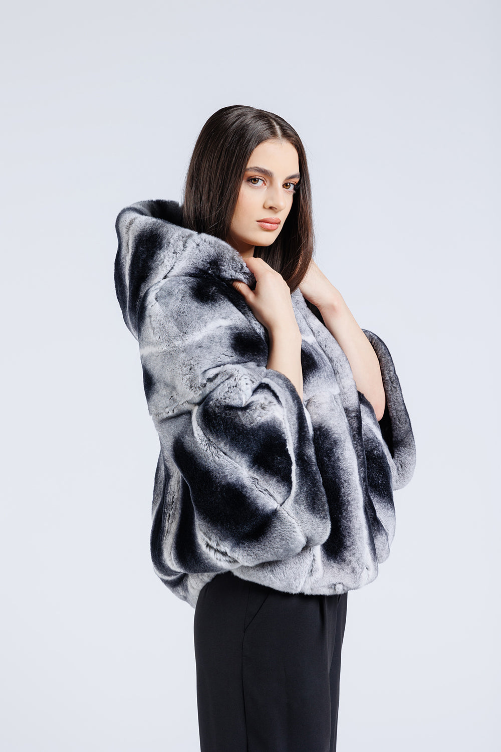 Capă din Blană Naturală de Rex Chinchilla, cu Glugă, Femei, Dark Grey 51