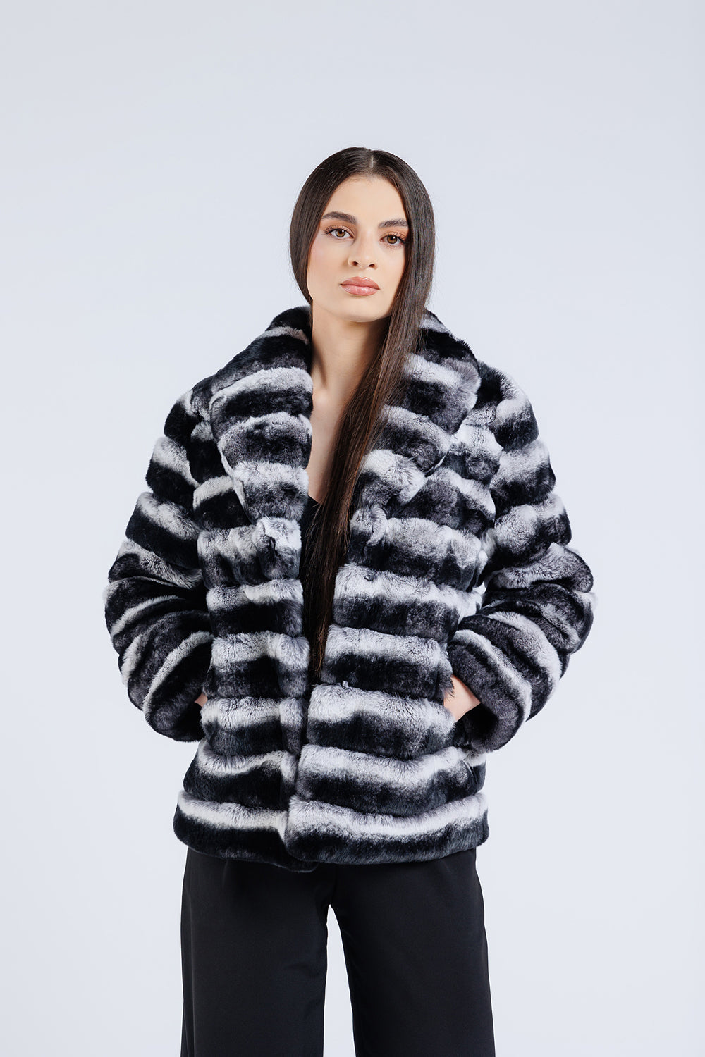 Haină din Blană Naturală de Rex Chinchilla, Guler Rever, Femei, Silver Grey 177