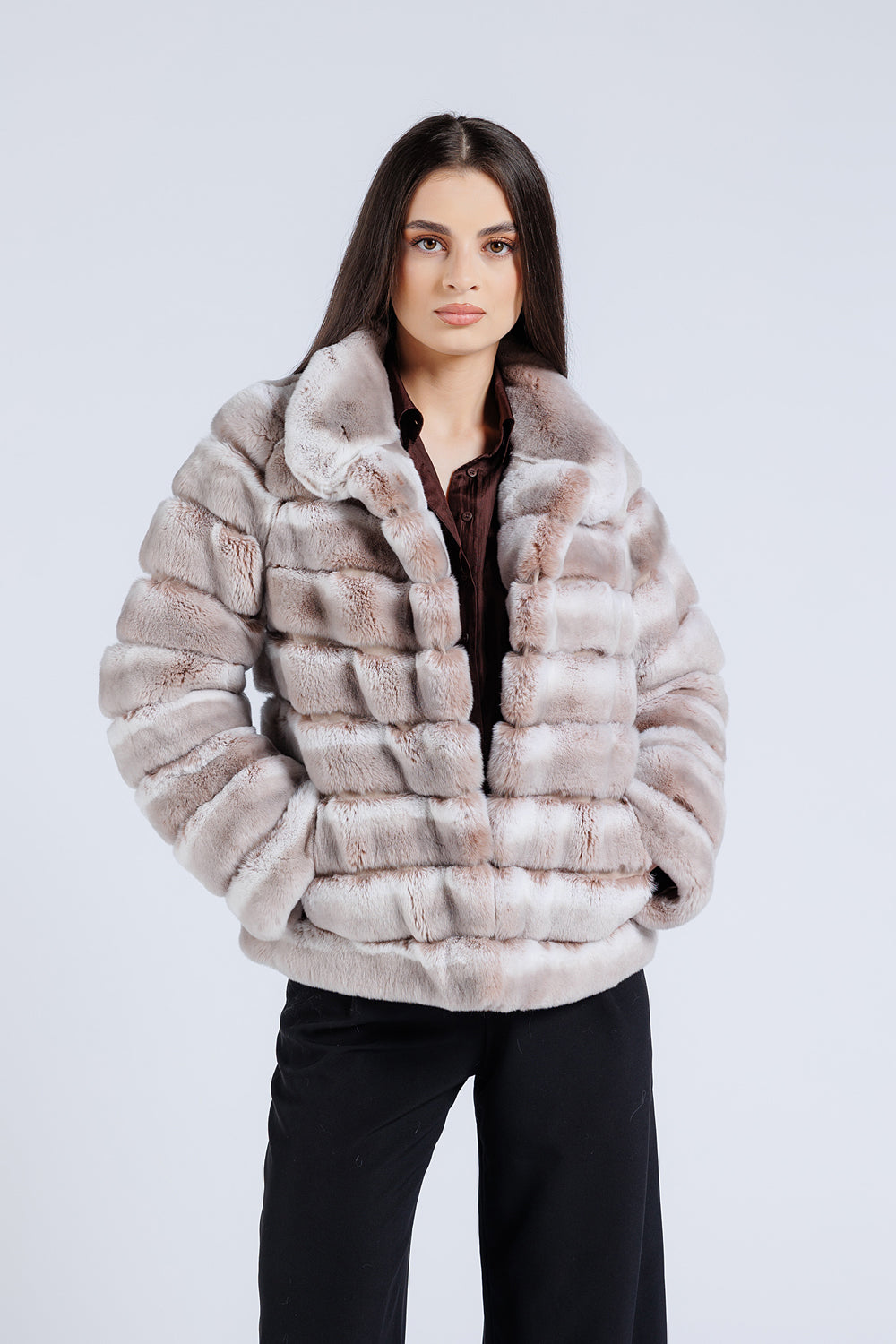 Haină din Blană Naturală de Rex Chinchilla, Guler Tunică, Femei, Pearl 179