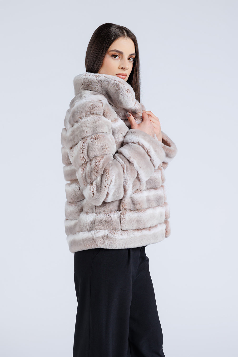 Manteau en fourrure naturelle de Rex Chinchilla, col officier, femmes, Pearl 179