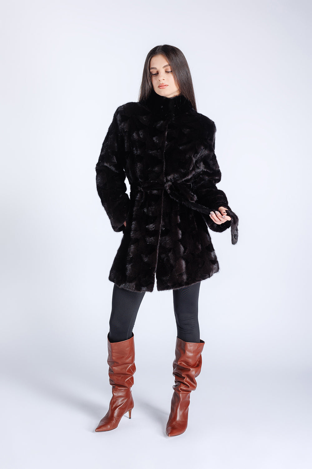 Haină din Blană Naturală de Vizon, Cordon din Blană, Femei, Sable 187