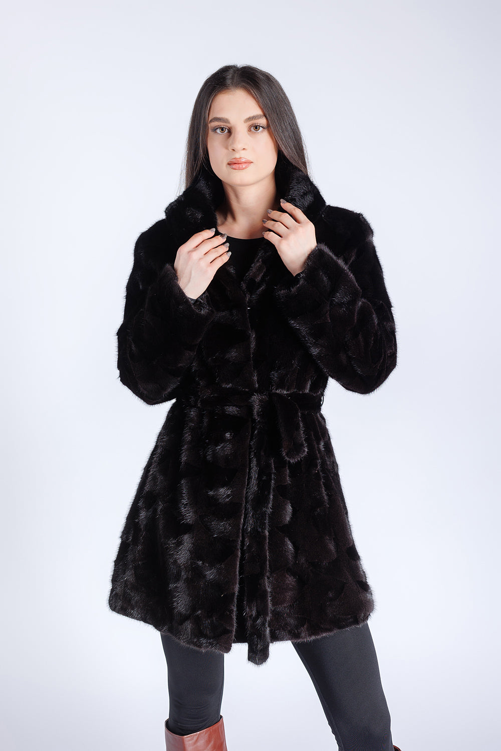 Haină din Blană Naturală de Vizon, Cordon din Blană, Femei, Sable 187