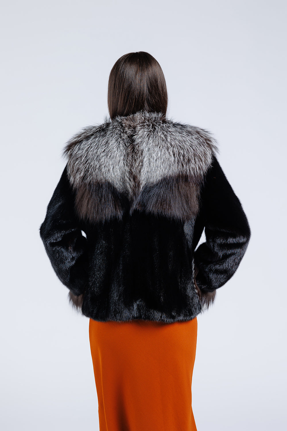 Women's Natural Mink and Fox Fur Coat with Collar and Cuffs, Diamond and Silver Grey 183