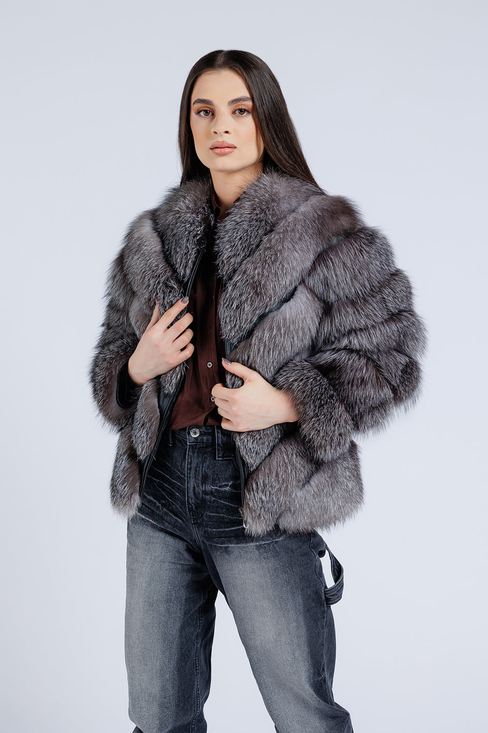 Haină din Blană Naturală de Vulpe, V model, Femei, Dark Grey Frost 273
