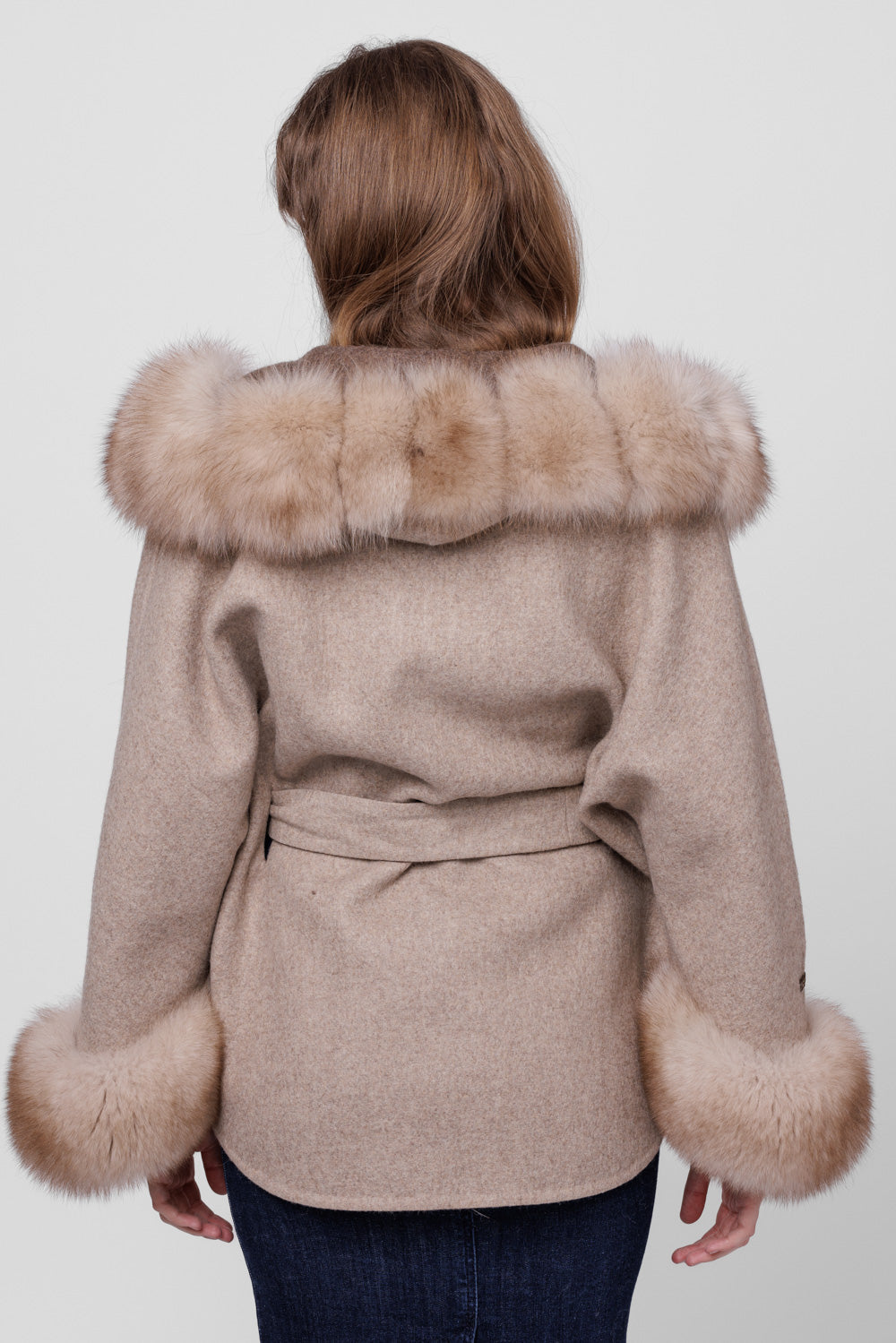 Mantel aus Alpakawolle und natürlichem Fuchspelz mit Kapuze, übergroßes Modell, Damen, Taupe 293