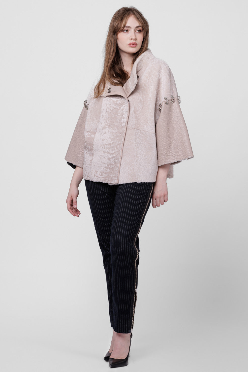 Women's Shearling Leather and Fur Poncho, Pearl 300
