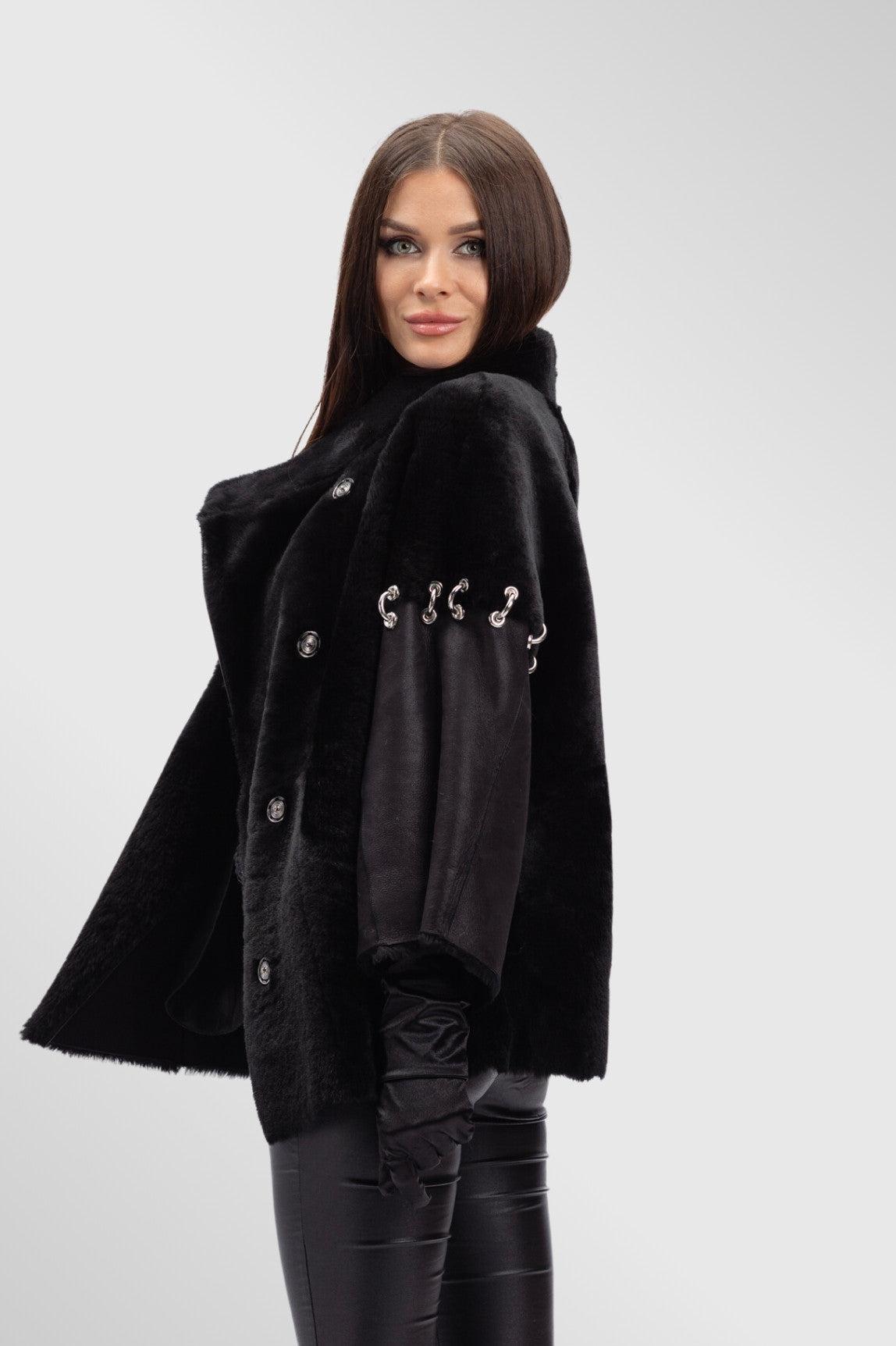 Poncho din Piele si Blană Naturală Shearling, Femei, Obsidian 299