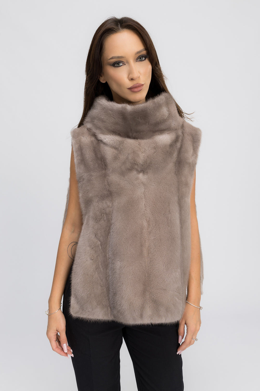 Vestă din Blană Naturală de Vizon, cu Guler Tunică Amplu, Femei, Silver Blue 438