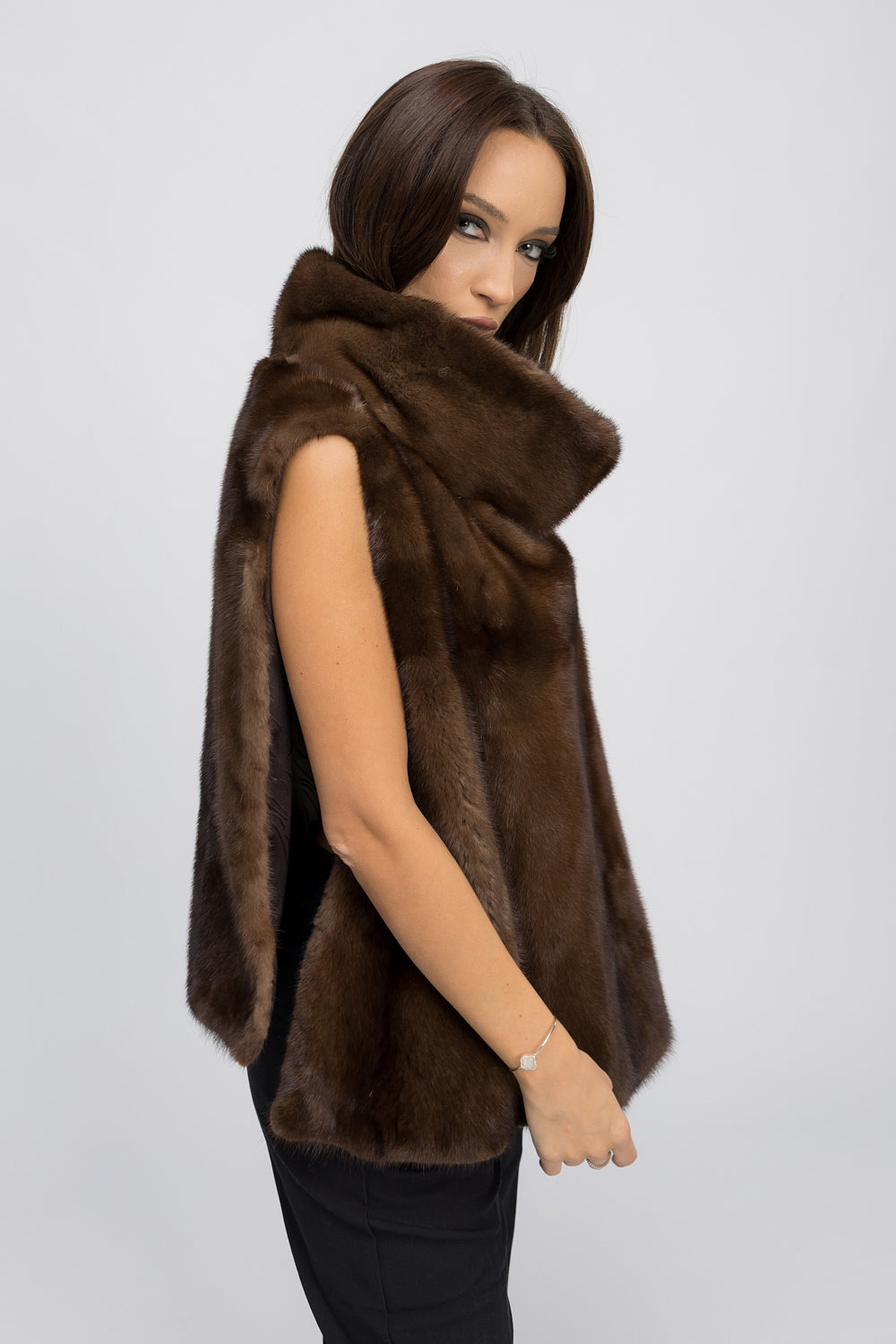 Natural Mink Fur Vest, with Wide Tunic Collar, Women, Chocolate 439