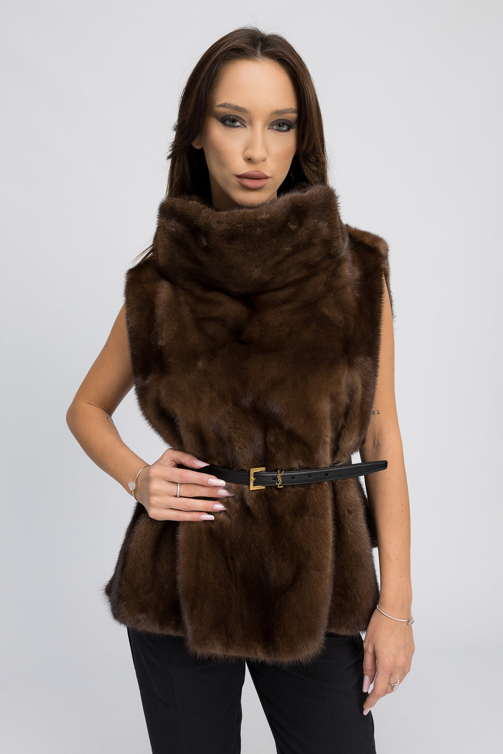 Natural Mink Fur Vest, with Wide Tunic Collar, Women, Chocolate 439