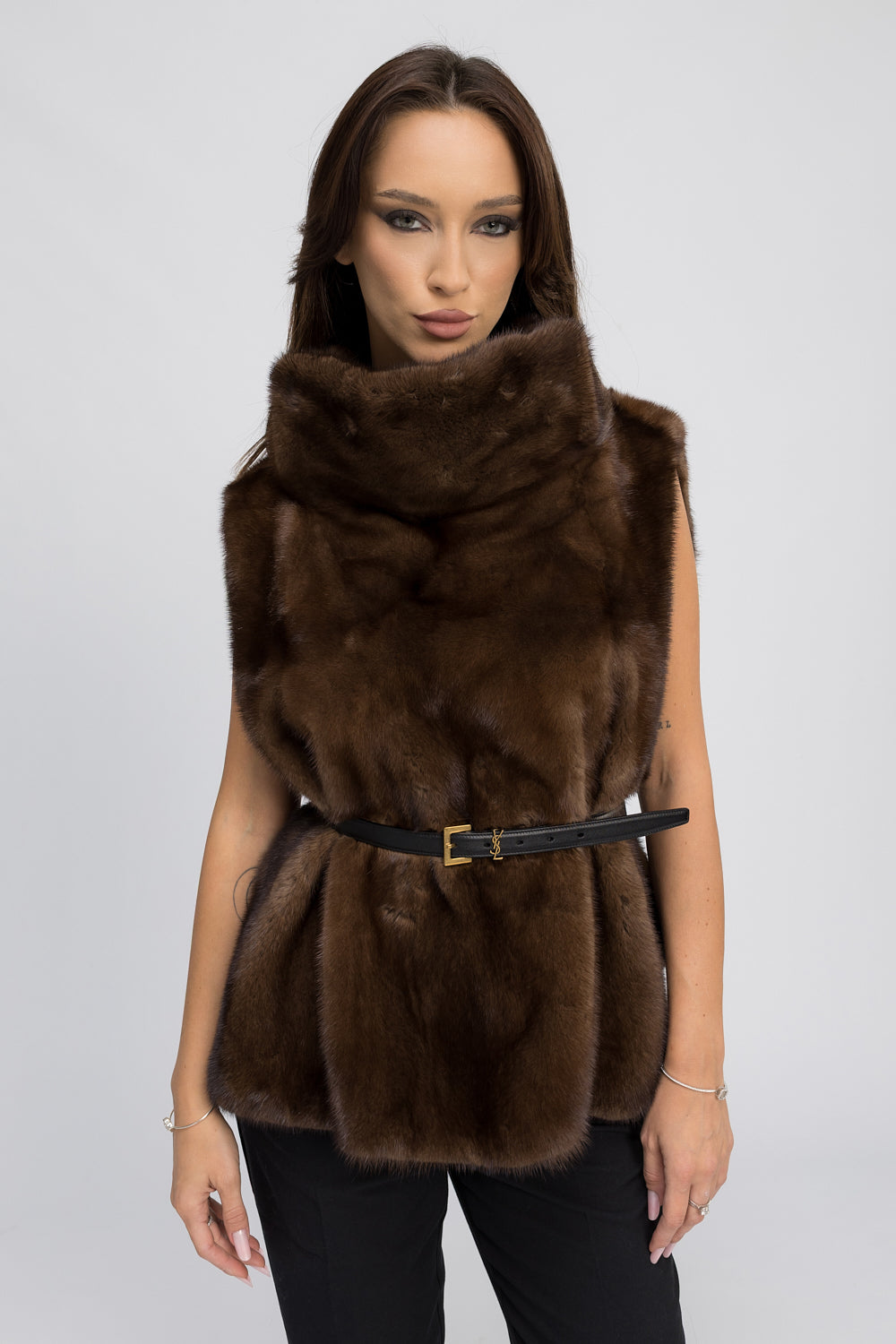 Natural Mink Fur Vest, with Wide Tunic Collar, Women, Chocolate 439