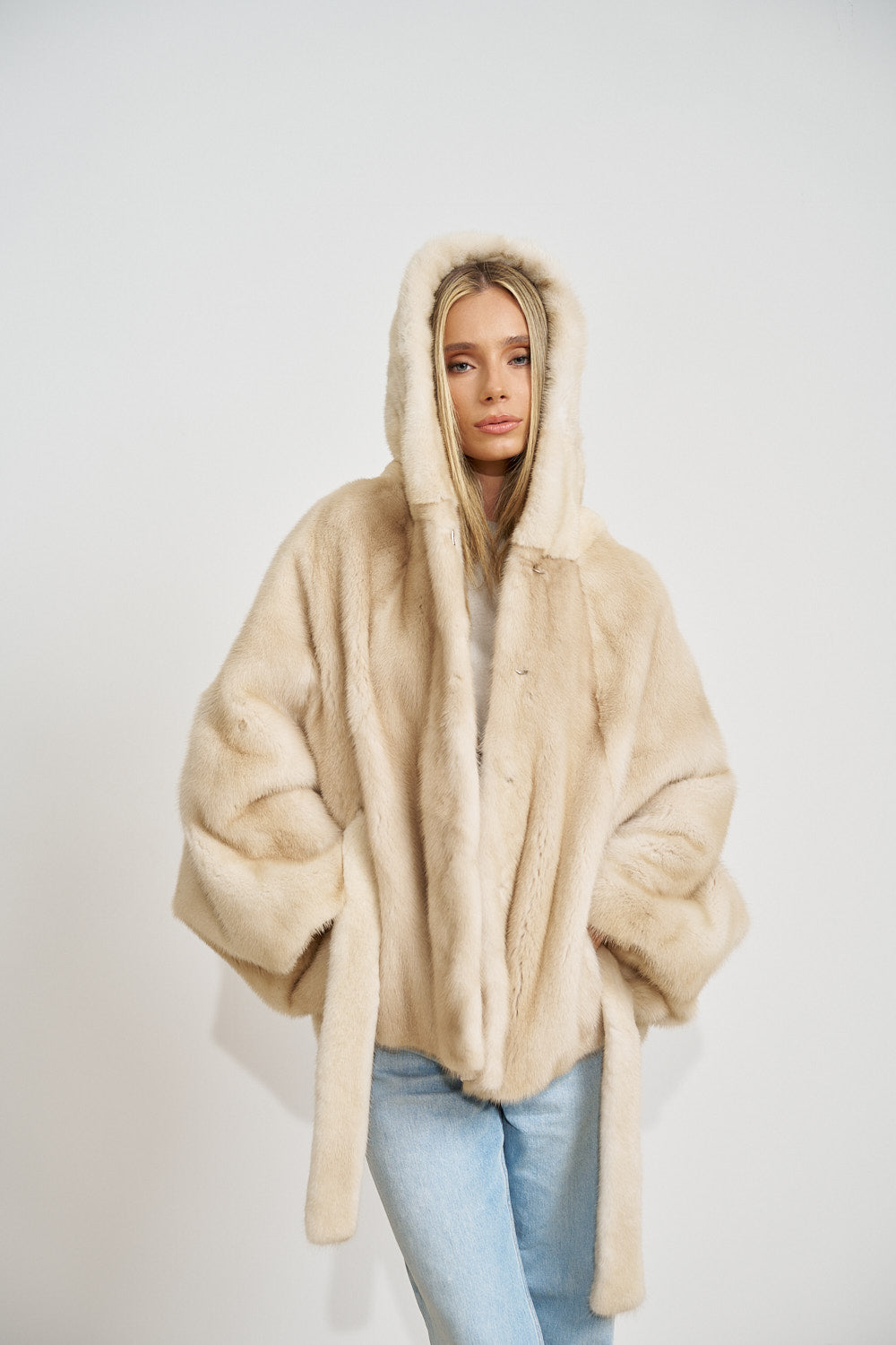 Natural Mink Fur Cape, with Hood and Belt, Pearl 689
