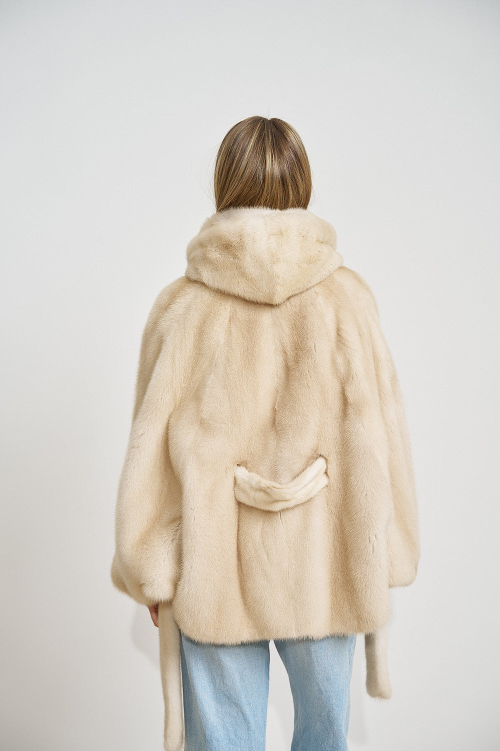 Natural Mink Fur Cape, with Hood and Belt, Pearl 689