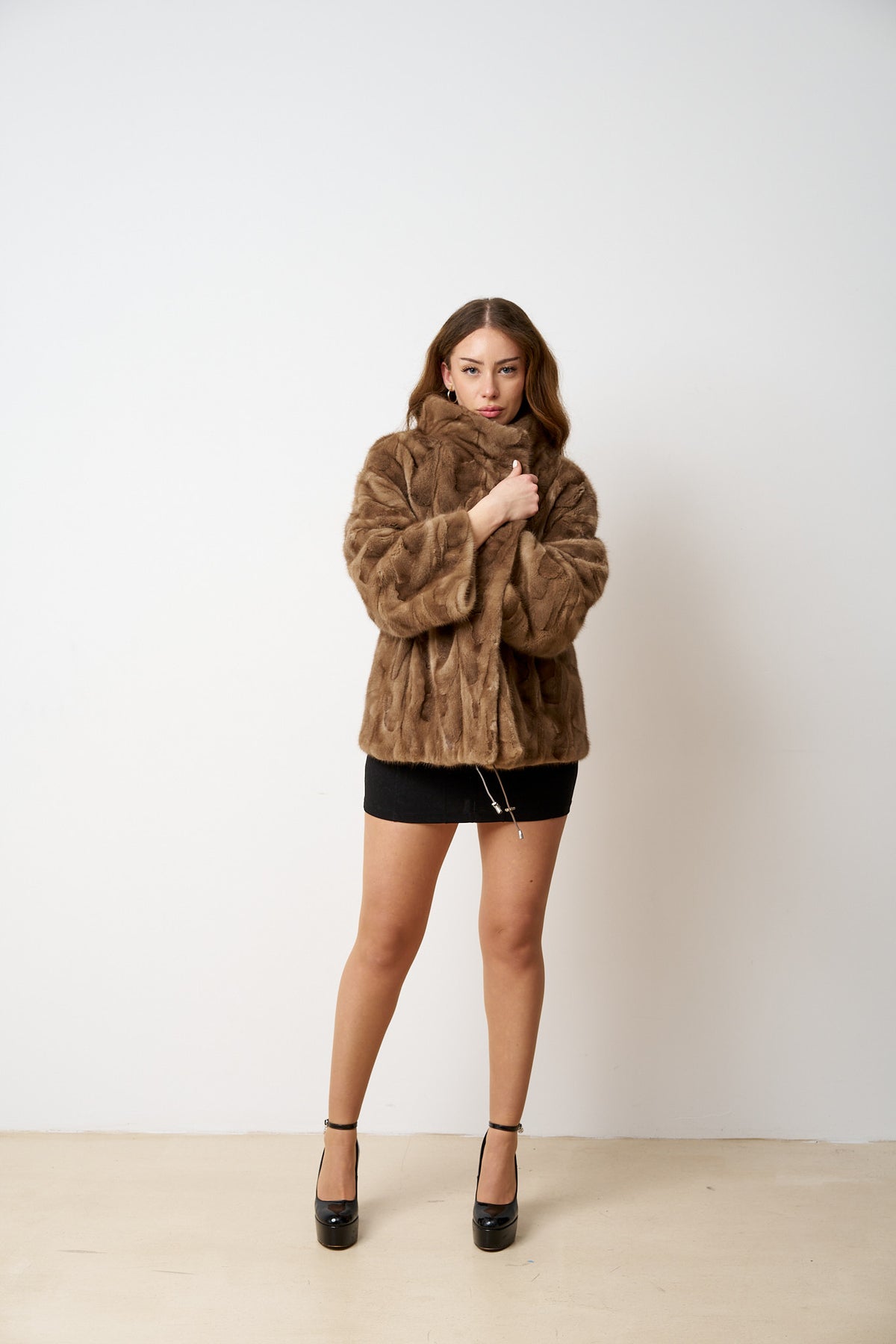 Cappotto in Pelliccia di Visone Naturale, Maniche a 3/4, Donna, Pastello 487