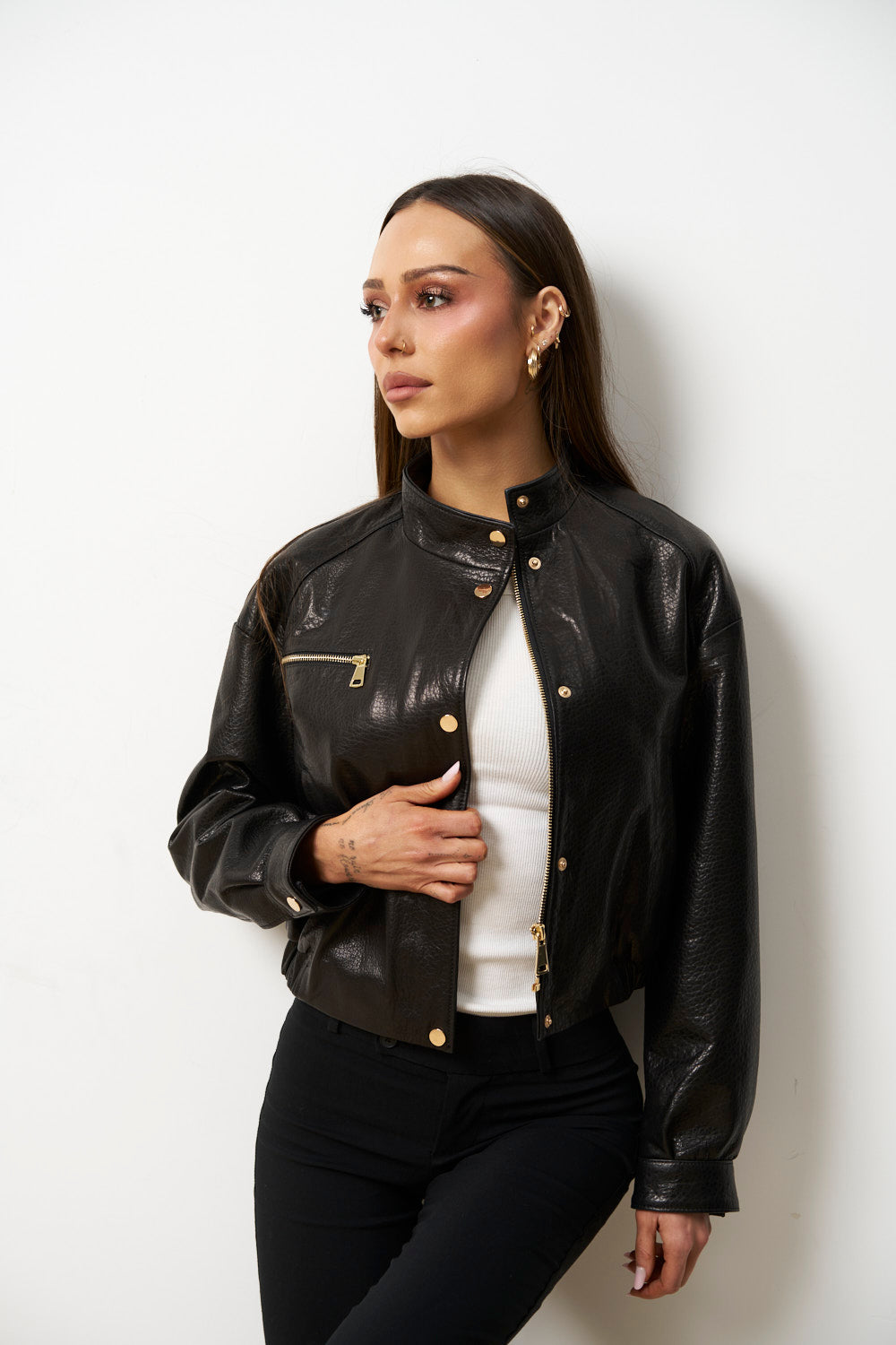 Geacă din Piele Naturală pentru Femei, Cropped, Neagra, Mareus
