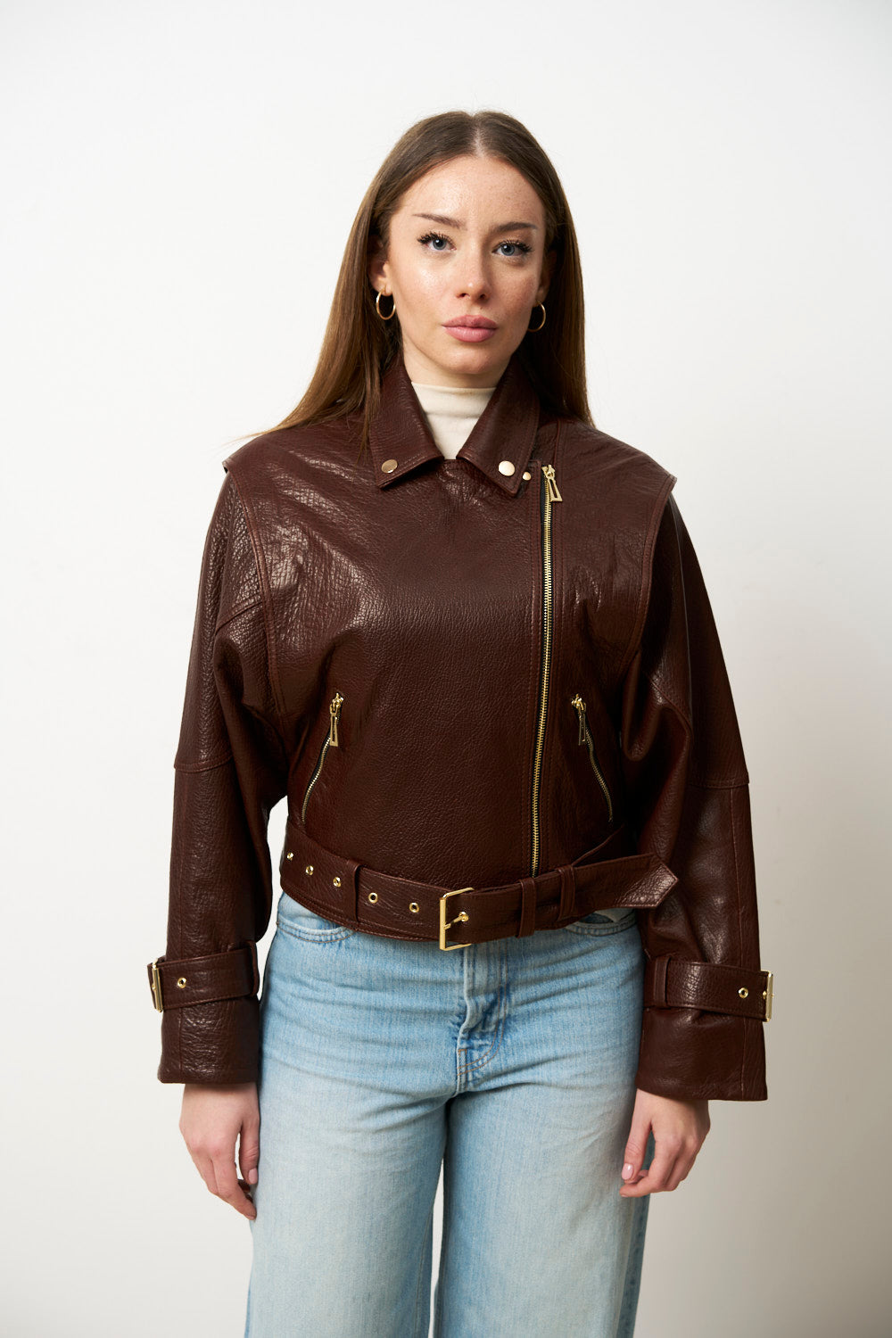 Giacca in pelle naturale da donna, oversize, marrone, Mareus