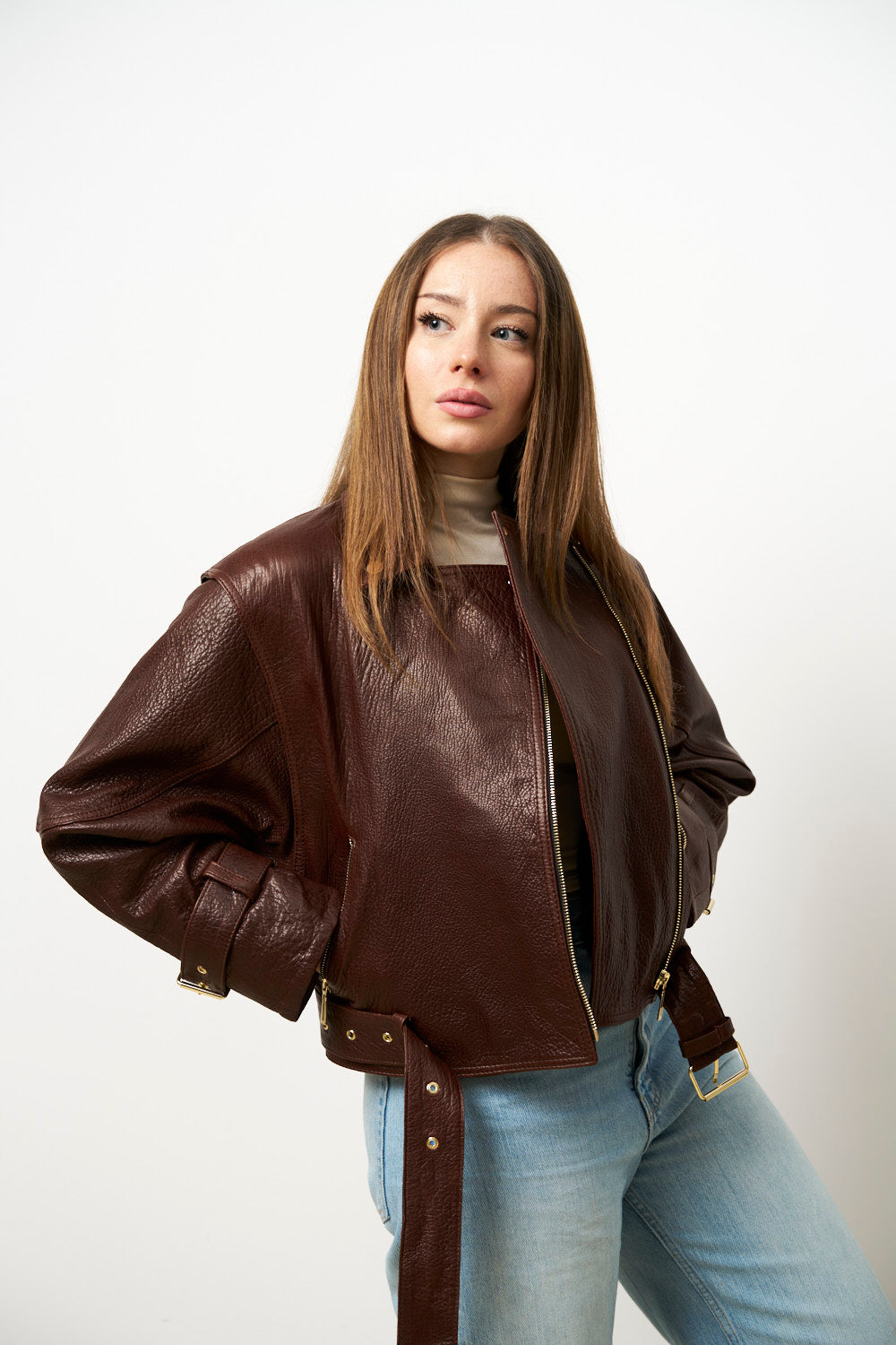 Giacca in pelle naturale da donna, oversize, marrone, Mareus
